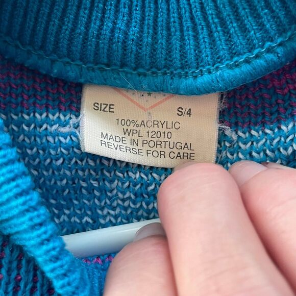 Vintage girls acrylic cat sweater size 4 blue pink white - Picture 3 of 5